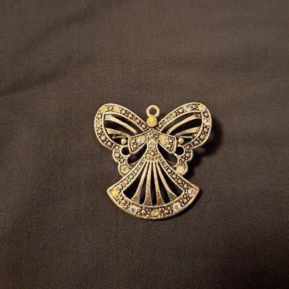 Vintage Silver Angel Brooch or Pendant With Iridescent Rhinestones - Picture 5 of 5